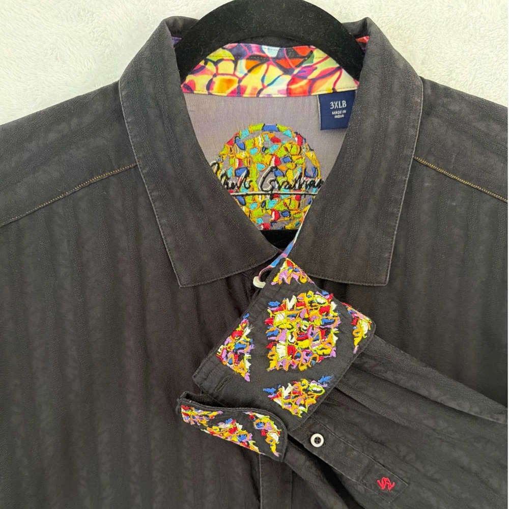 Robert Graham Mens 3XLB Black Textured Stripe Embroidered Flip Cuff Button Shirt
